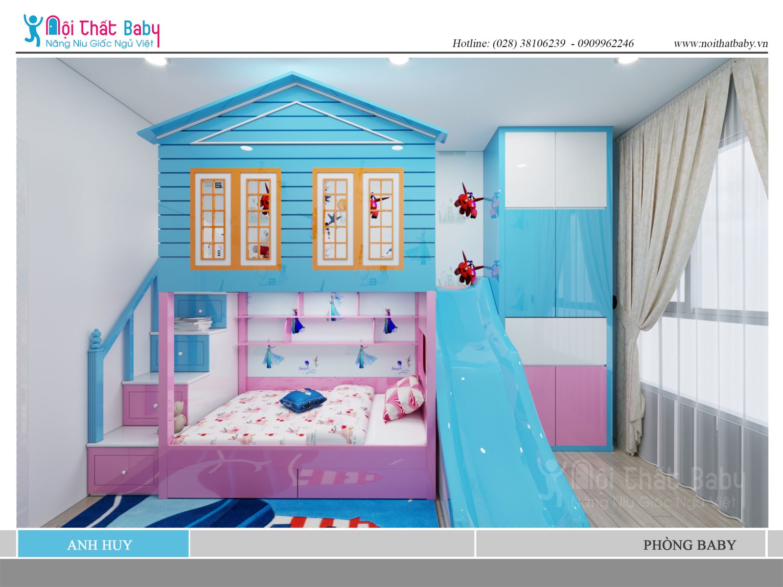 Thiết kế giường tầng có cầu trượt dễ thương cho bé